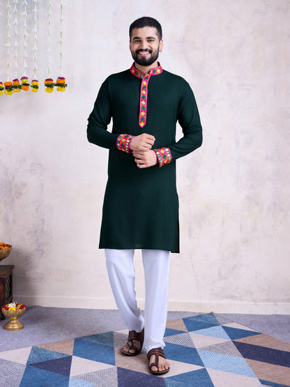 Dark Green Kurta with Geometric Embroidery & Matching Dupatta