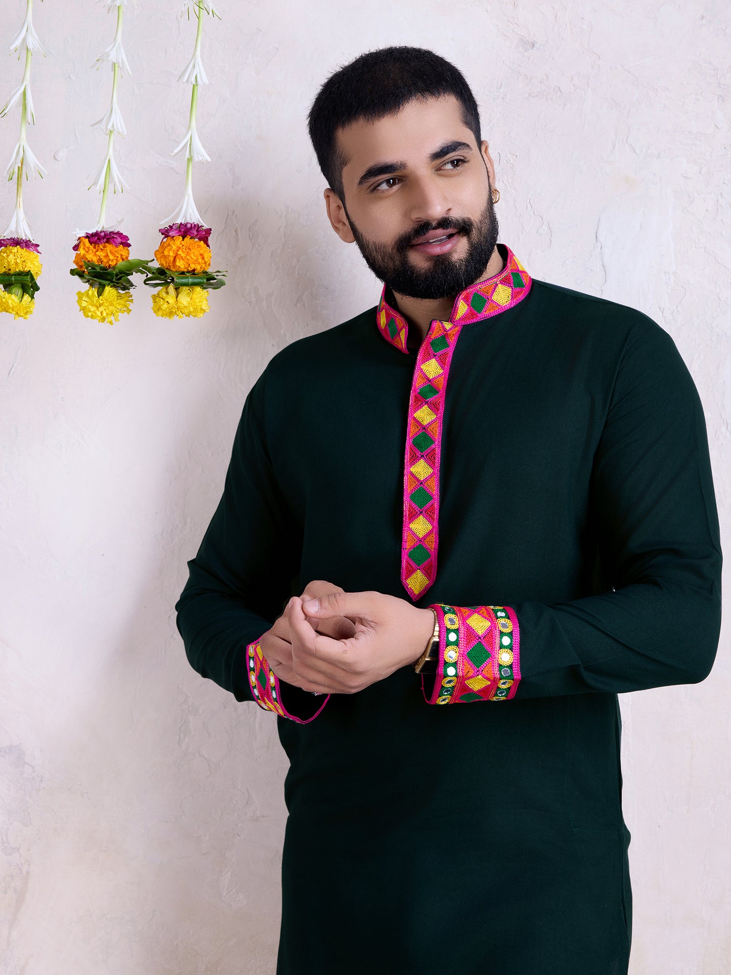 Dark Green Kurta with Geometric Embroidery & Matching Dupatta