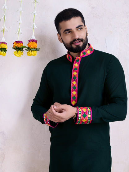 Dark Green Kurta with Geometric Embroidery & Matching Dupatta