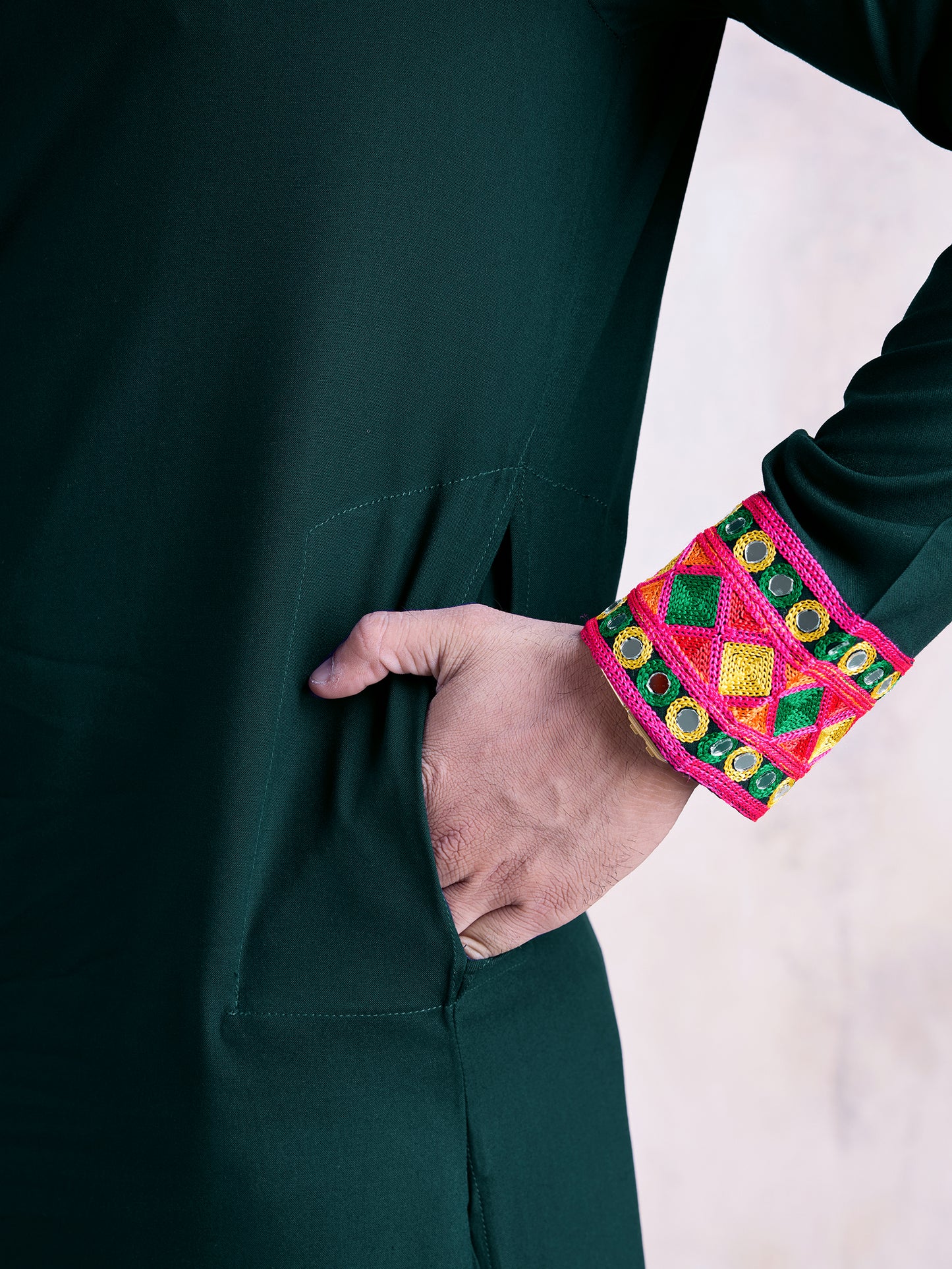 Dark Green Kurta with Geometric Embroidery & Matching Dupatta