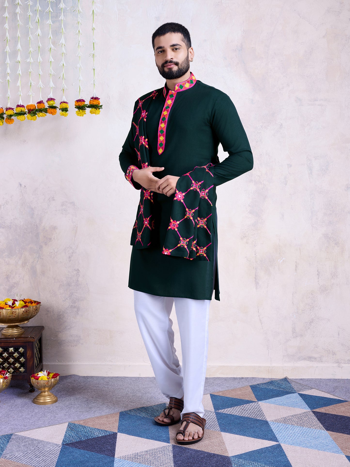 Dark Green Kurta with Geometric Embroidery & Matching Dupatta