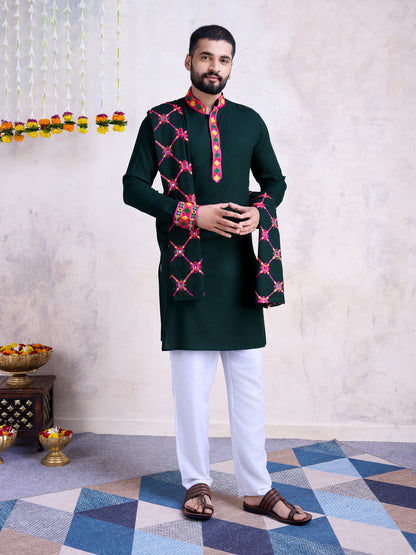 Dark Green Kurta with Geometric Embroidery & Matching Dupatta
