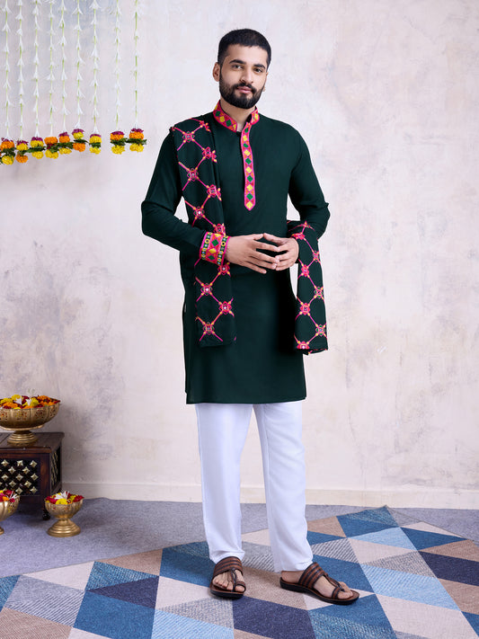 Dark Green Kurta with Geometric Embroidery & Matching Dupatta