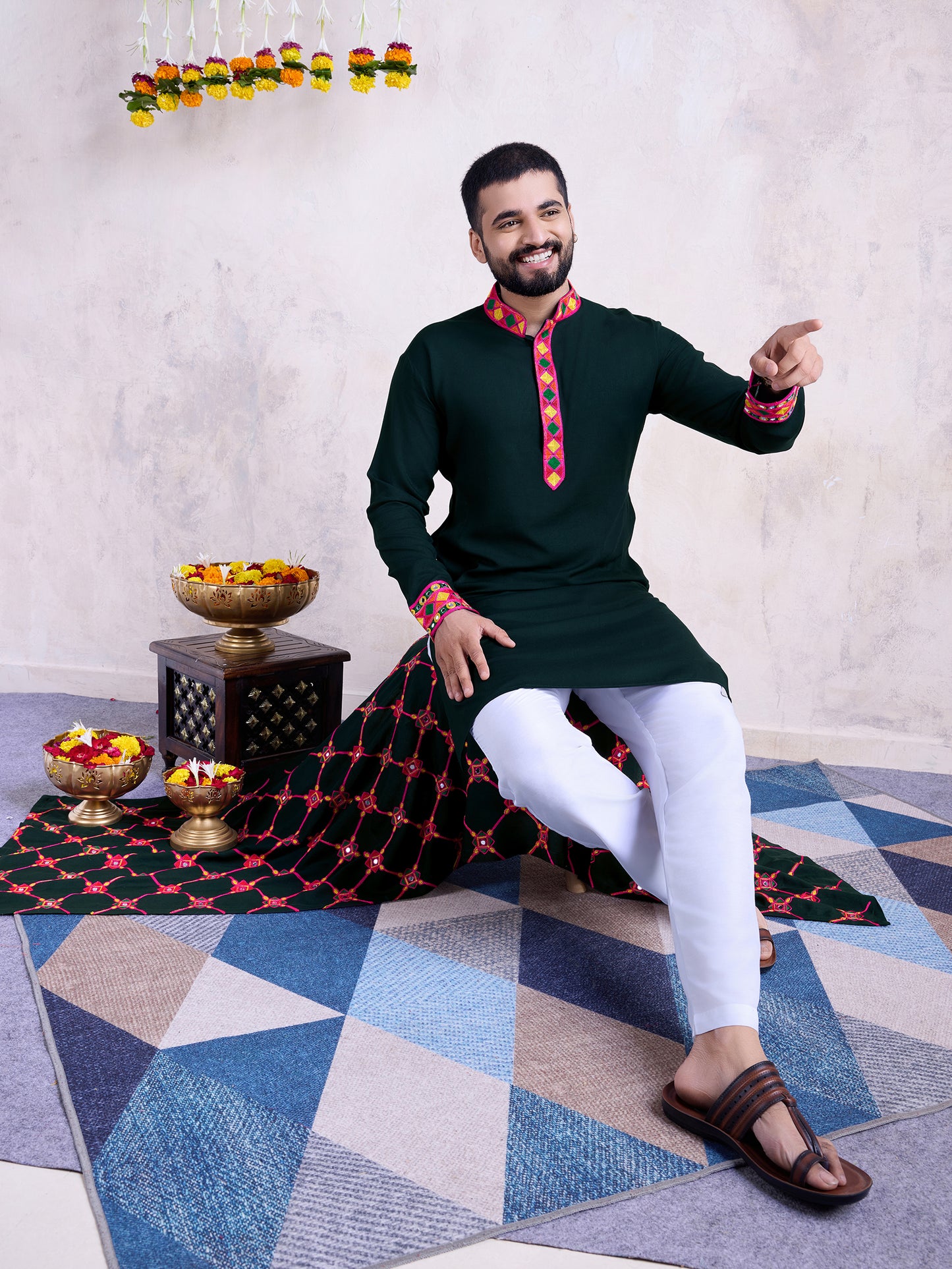 Dark Green Kurta with Geometric Embroidery & Matching Dupatta