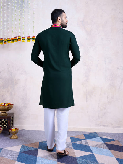 Dark Green Kurta with Geometric Embroidery & Matching Dupatta