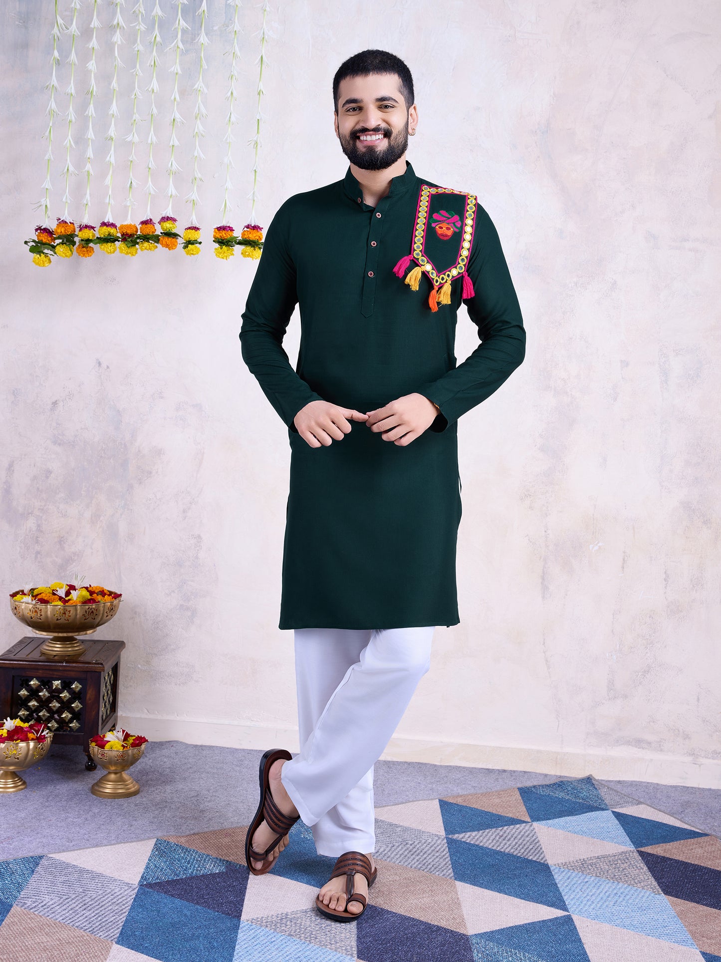 Dark Green Solid Kurta with Embroidered Festive