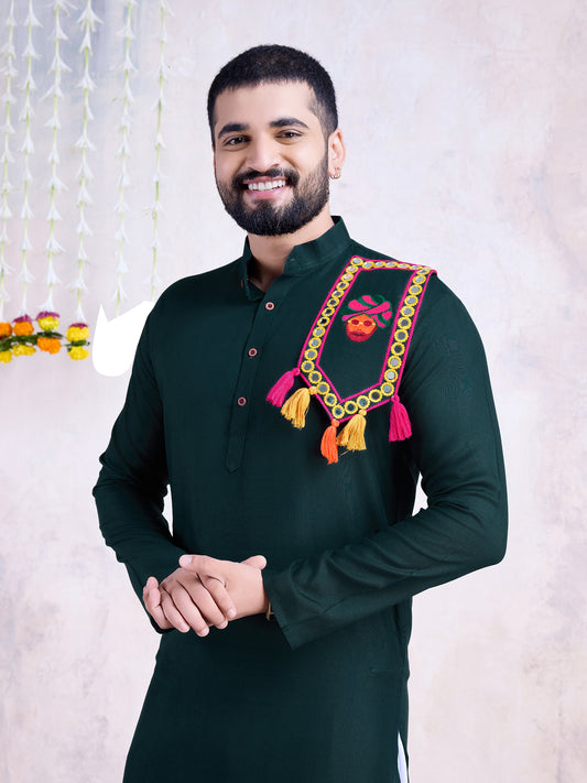 Dark Green Solid Kurta with Embroidered Festive