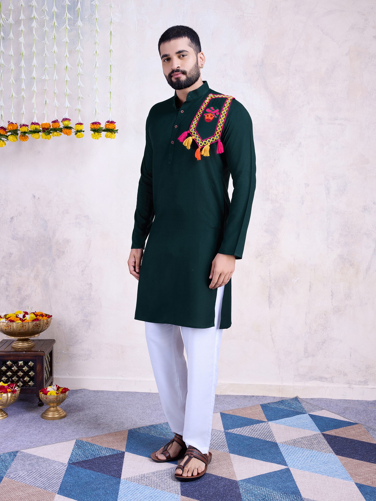 Dark Green Solid Kurta with Embroidered Festive