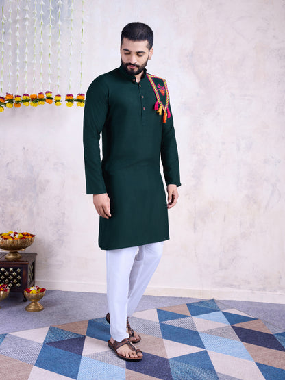 Dark Green Solid Kurta with Embroidered Festive