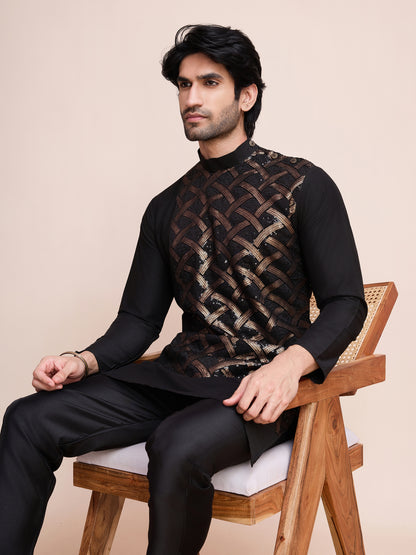 Black Sequined Embroidered Kurta for Men