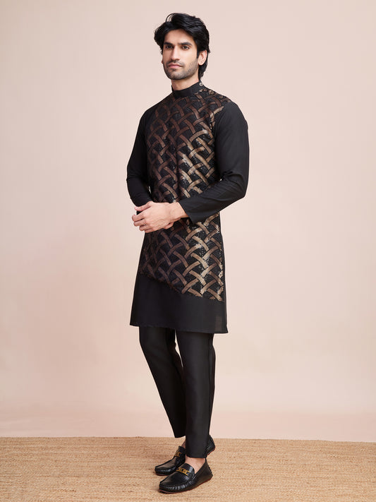 Black Sequined Embroidered Kurta for Men