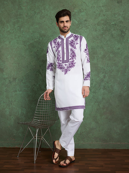 White Kurta with Purple Floral Embroidery for Men