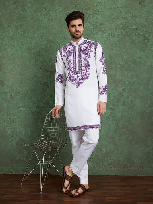 White Kurta with Purple Floral Embroidery for Men
