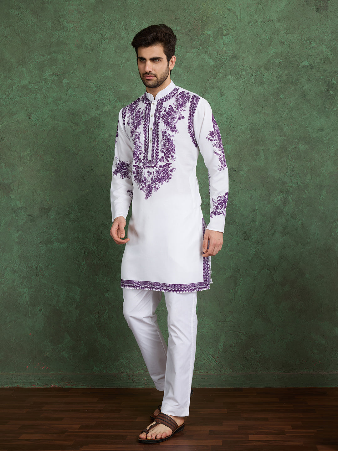 White Kurta with Purple Floral Embroidery for Men