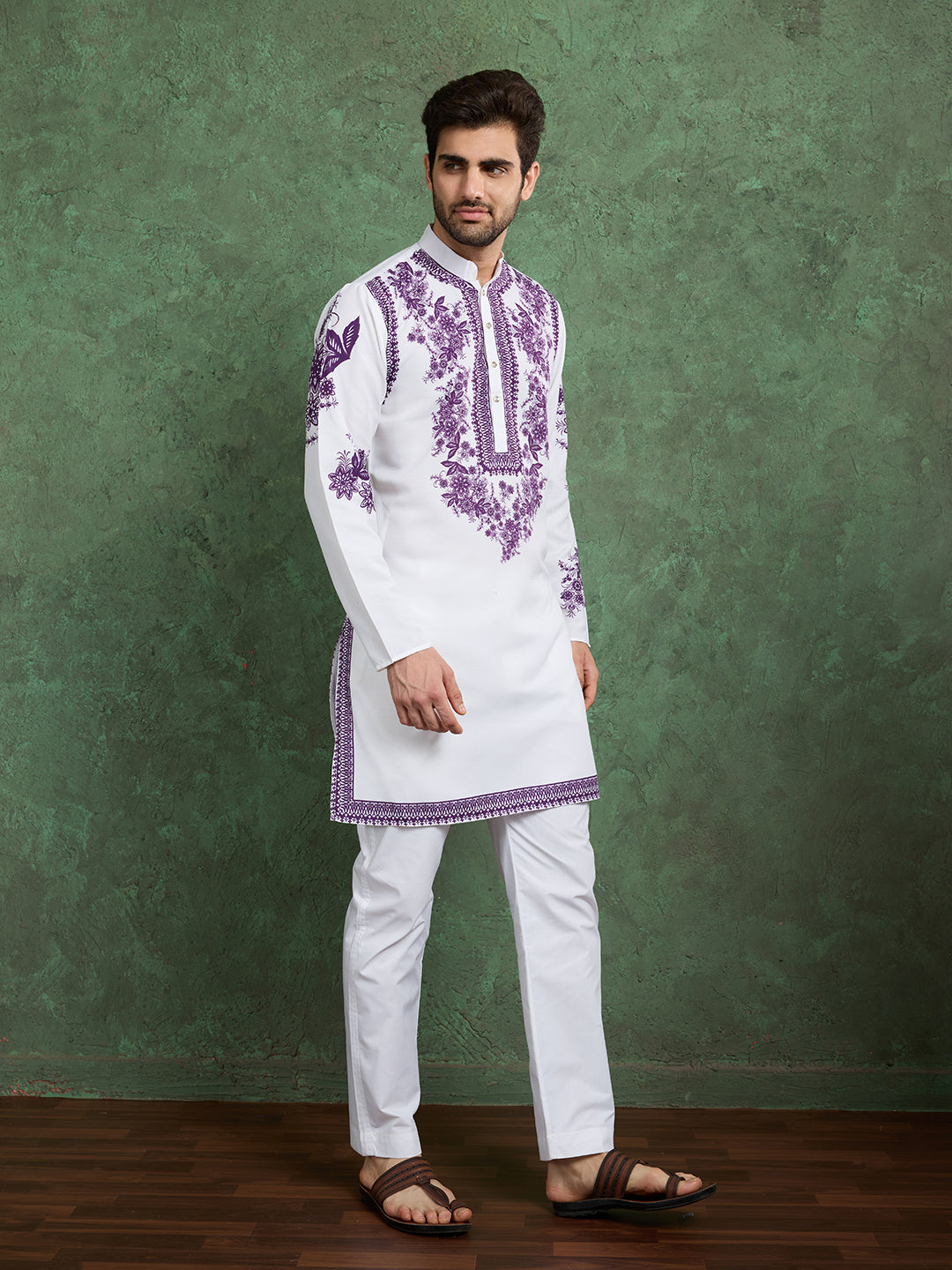 White Kurta with Purple Floral Embroidery for Men