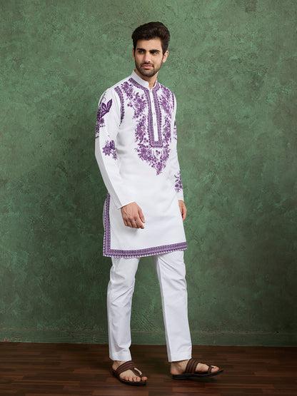 White Kurta with Purple Floral Embroidery for Men