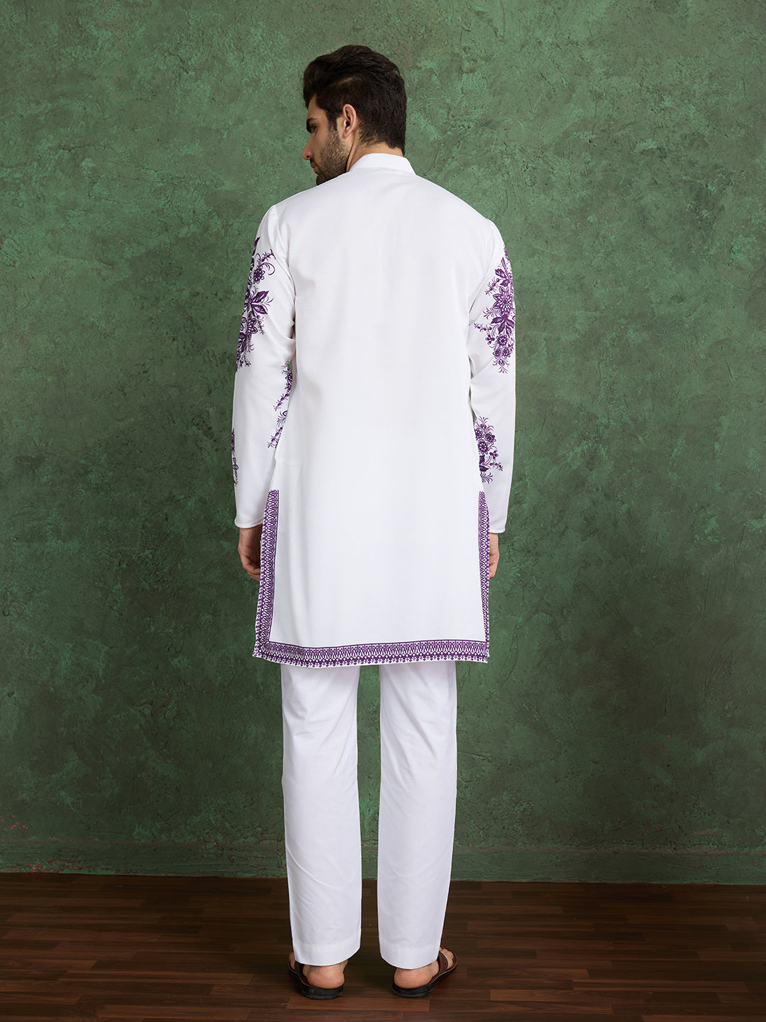 White Kurta with Purple Floral Embroidery for Men