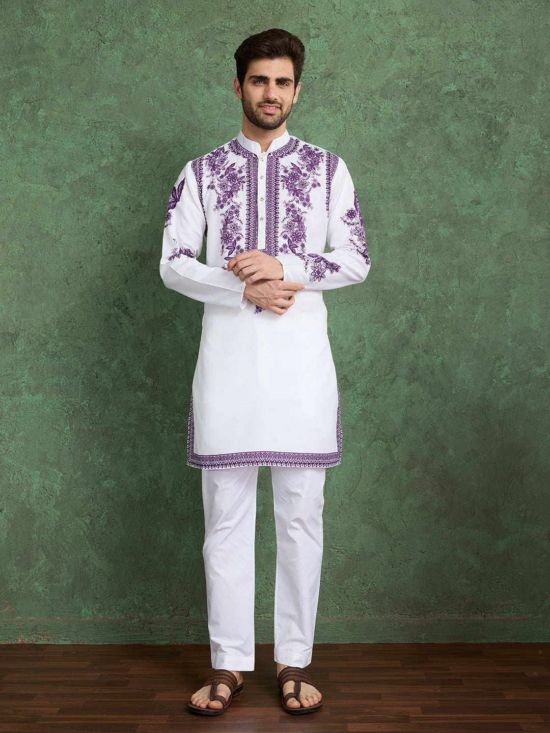 White Kurta with Purple Floral Embroidery for Men