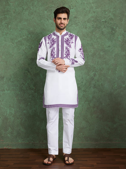 White Kurta with Purple Floral Embroidery for Men