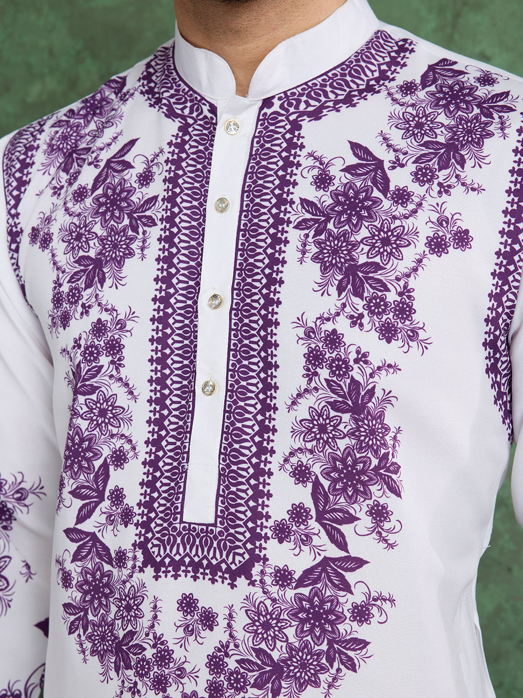 White Kurta with Purple Floral Embroidery for Men