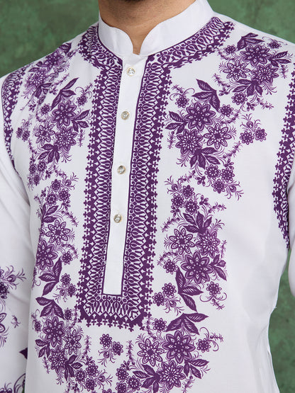 White Kurta with Purple Floral Embroidery for Men