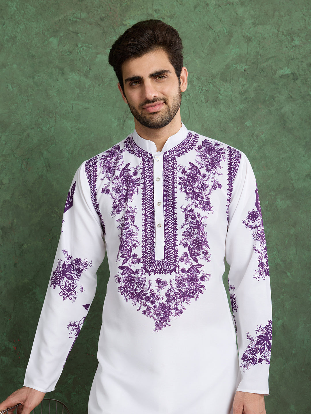 White Kurta with Purple Floral Embroidery for Men