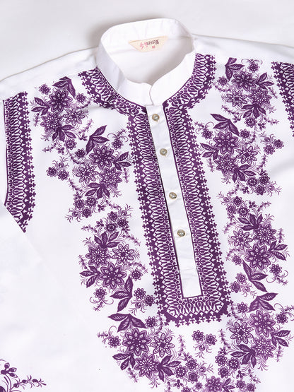 White Kurta with Purple Floral Embroidery for Men