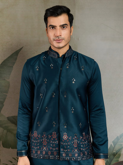 Royal Teal Embroidered Kurta Set for Men