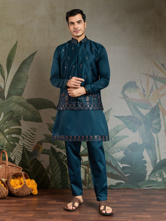 Royal Teal Embroidered Kurta Set for Men