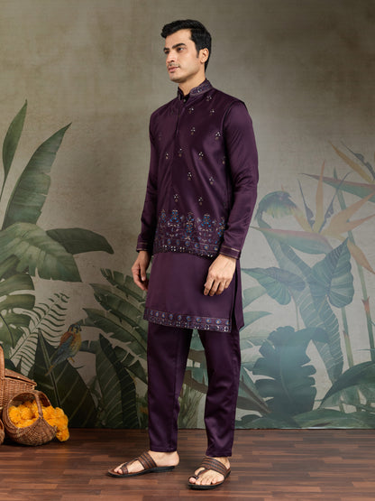 Majestic Plum Embroidered Kurta Set for Men