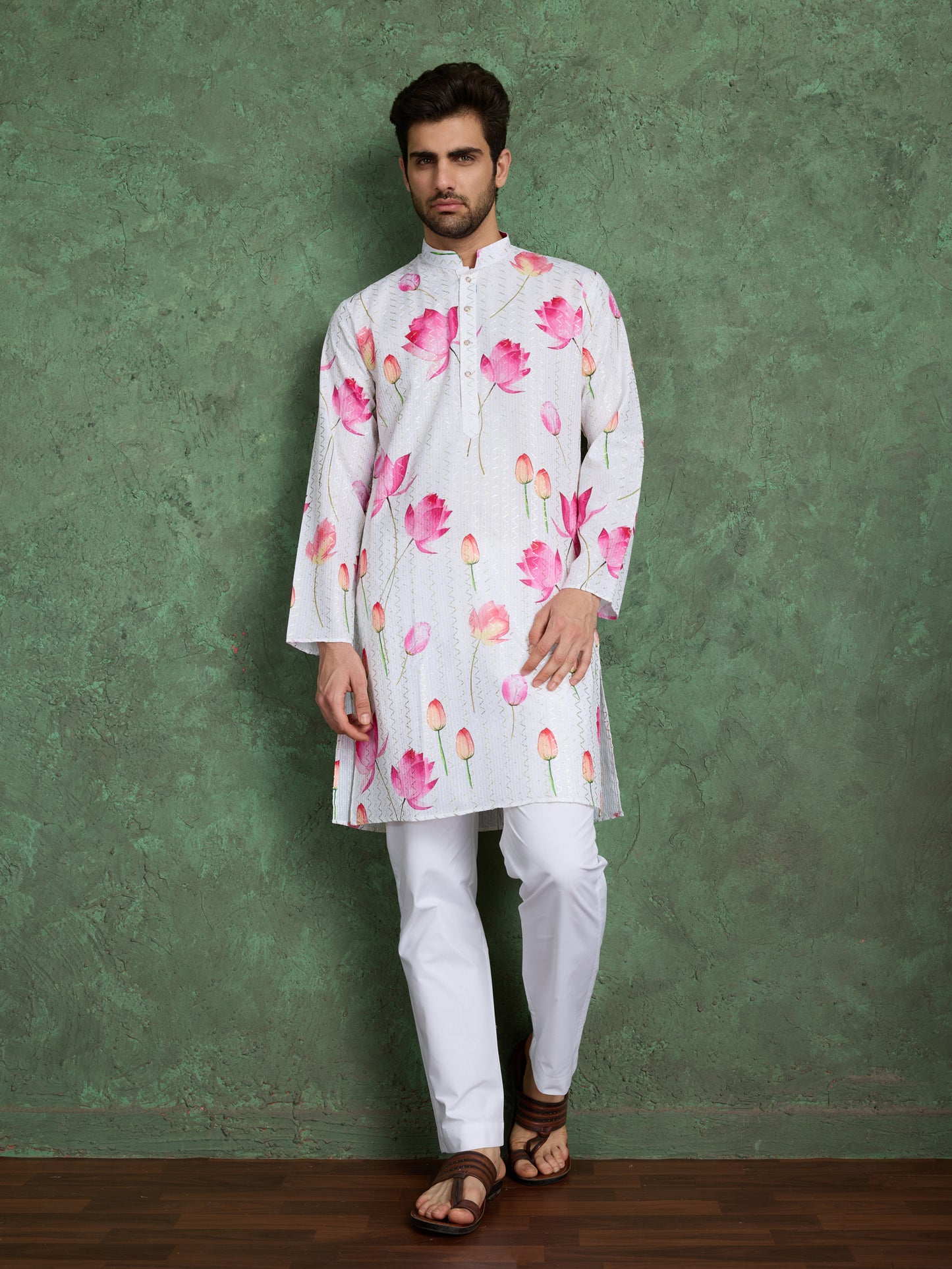 White Lotus Print Kurta for Men