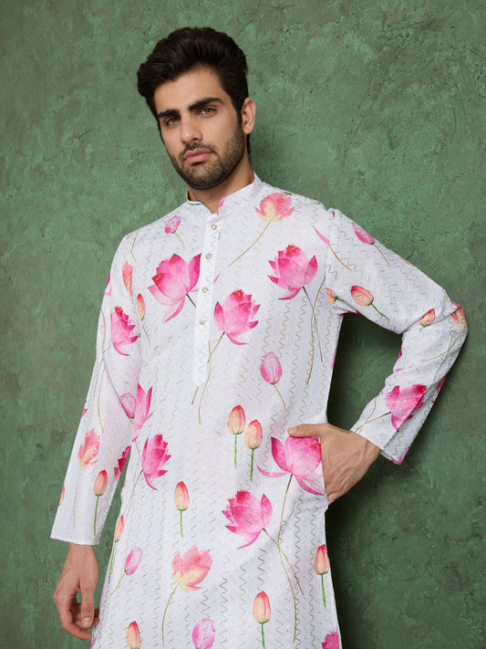 White Lotus Print Kurta for Men