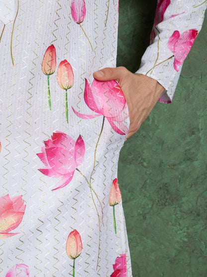 White Lotus Print Kurta for Men