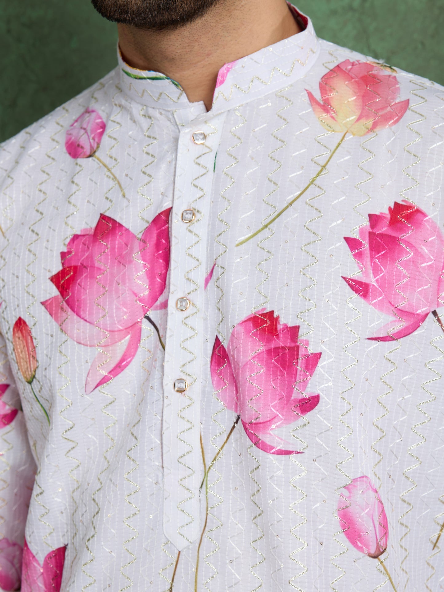 White Lotus Print Kurta for Men