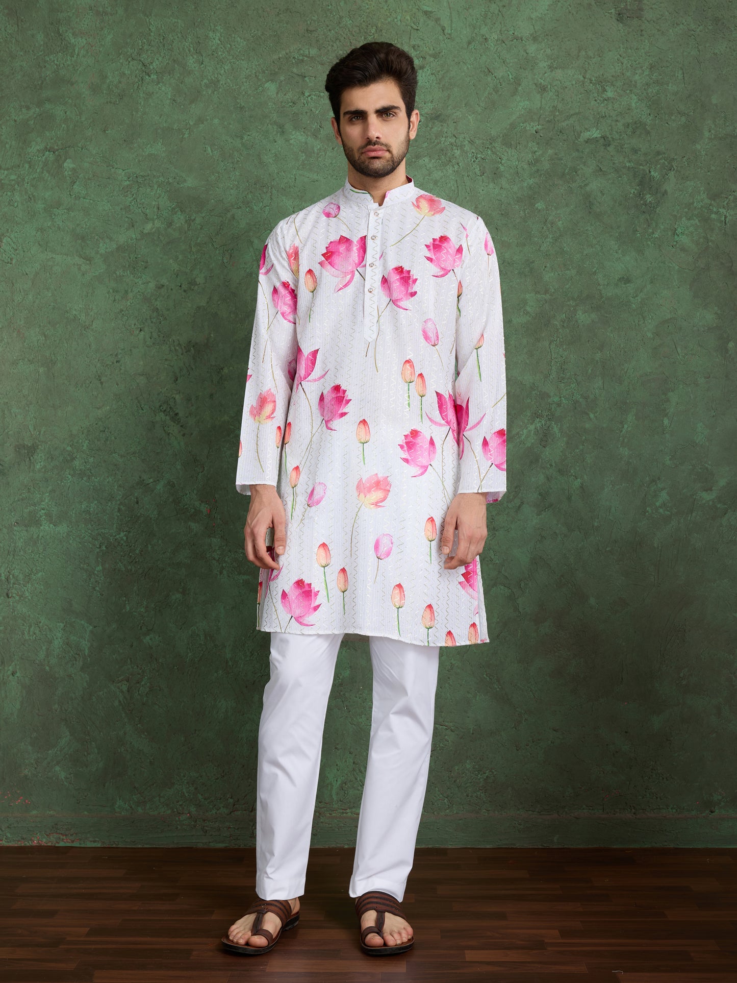 White Lotus Print Kurta for Men