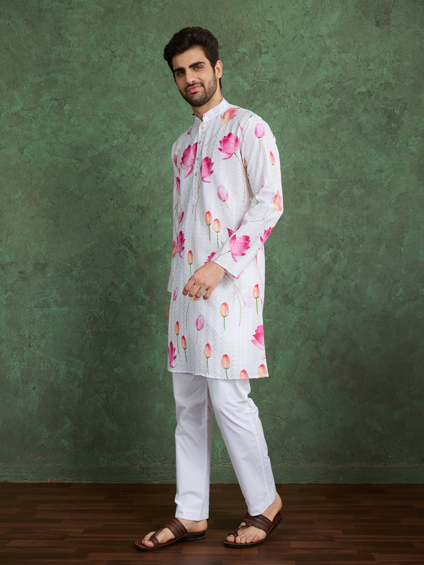 White Lotus Print Kurta for Men