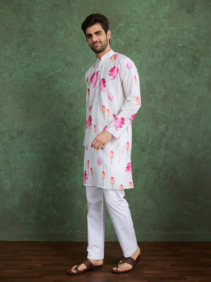 White Lotus Print Kurta for Men