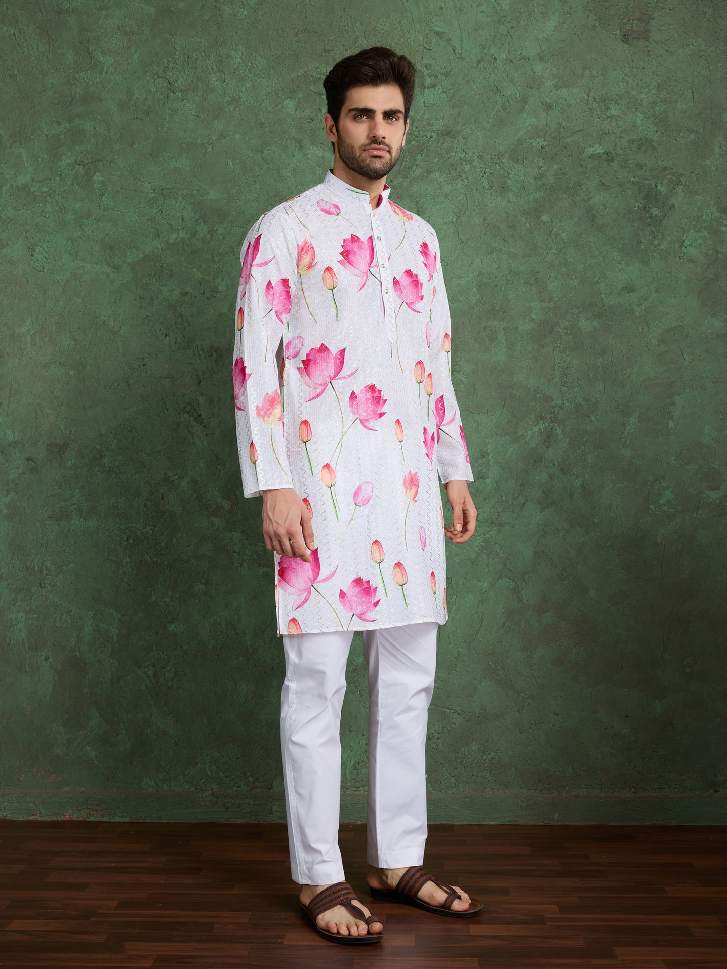 White Lotus Print Kurta for Men