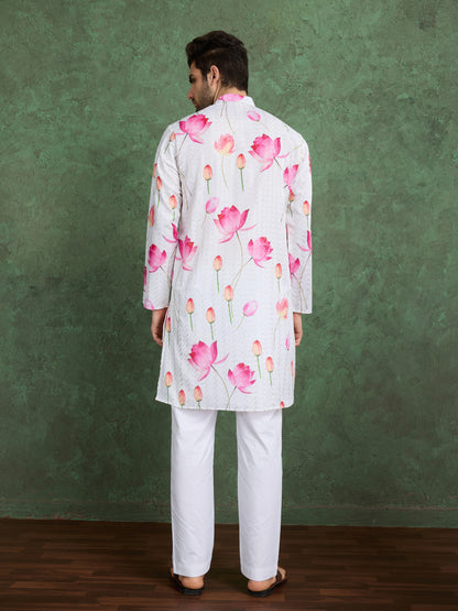 White Lotus Print Kurta for Men