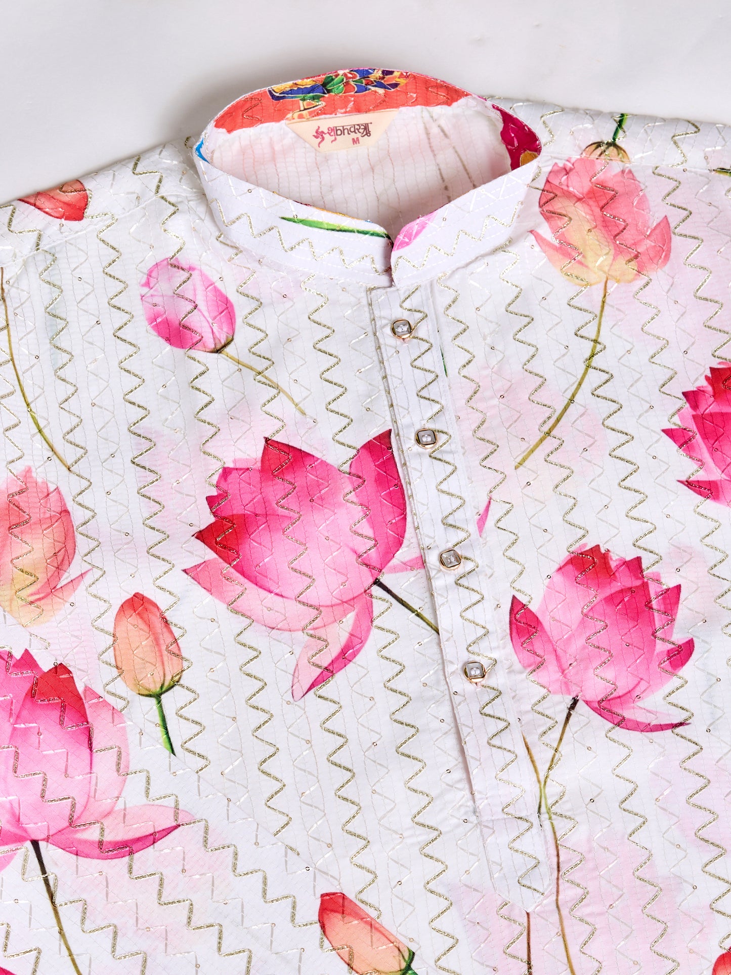 White Lotus Print Kurta for Men