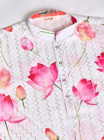 White Lotus Print Kurta for Men
