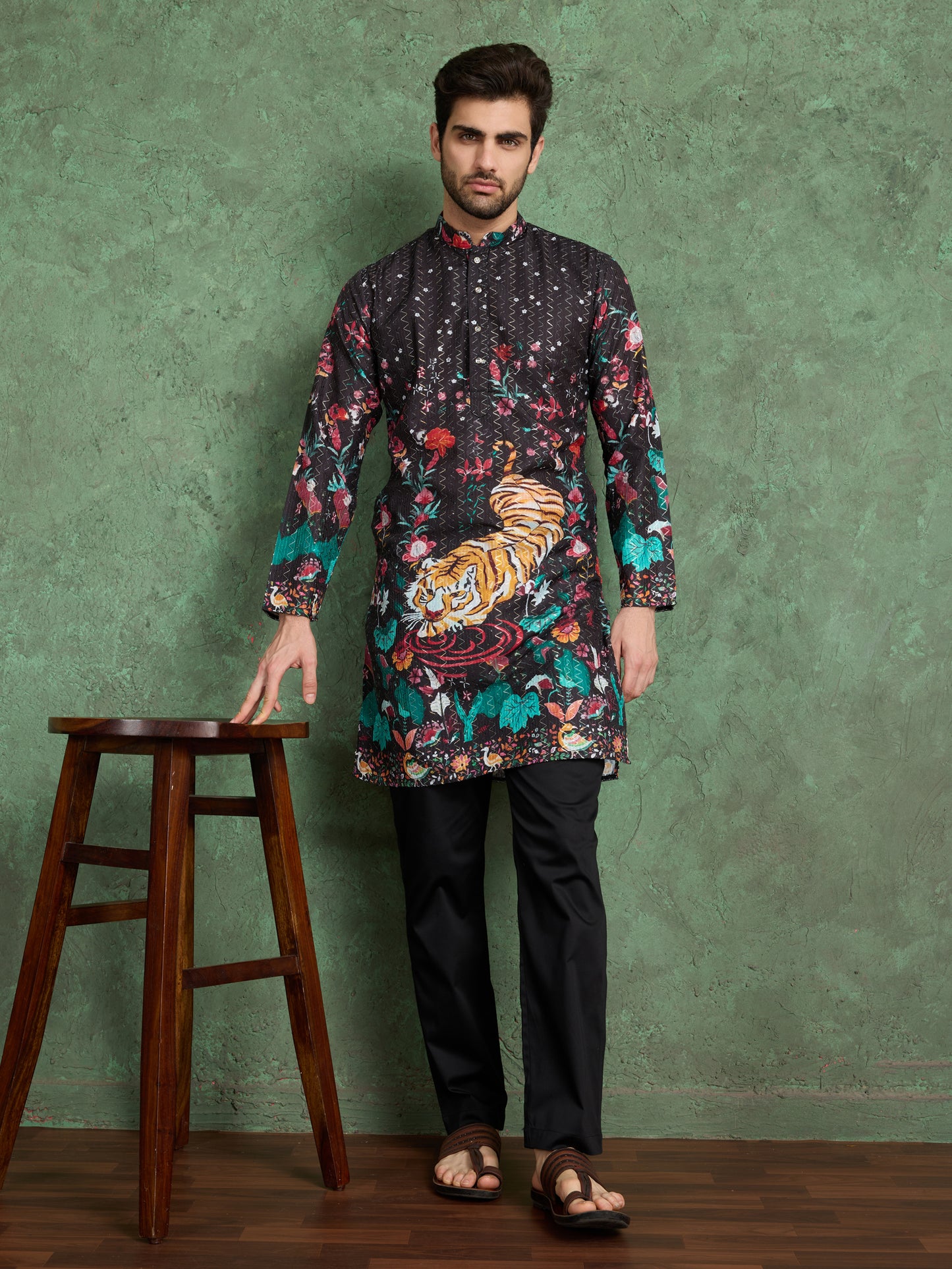 Black Tiger Print Kurta for Men