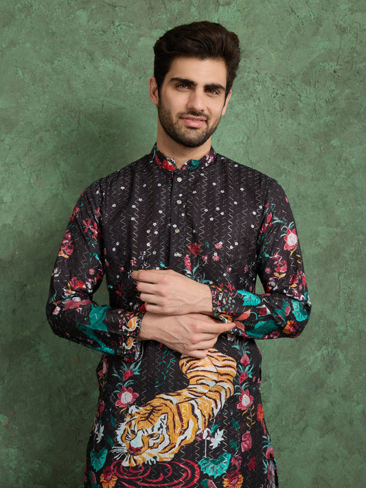 Black Tiger Print Kurta for Men