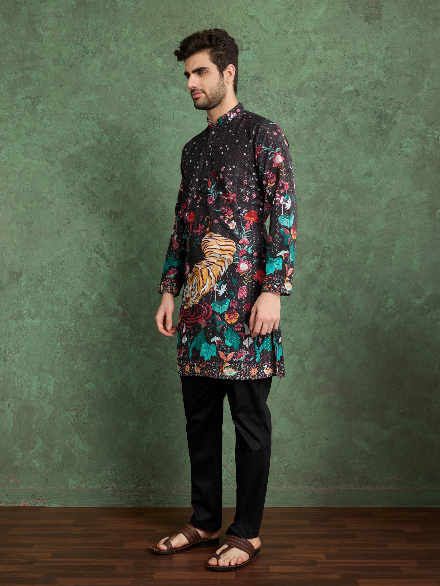 Black Tiger Print Kurta for Men