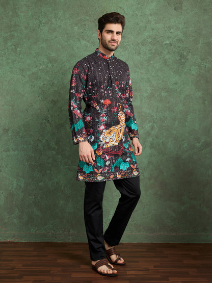 Black Tiger Print Kurta for Men