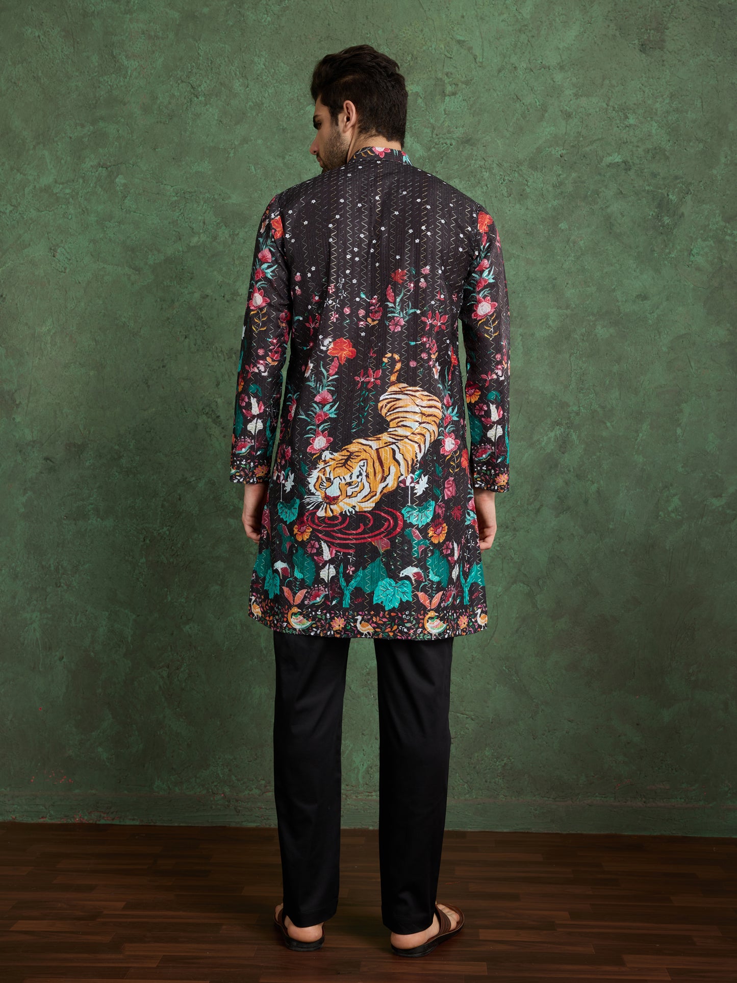 Black Tiger Print Kurta for Men
