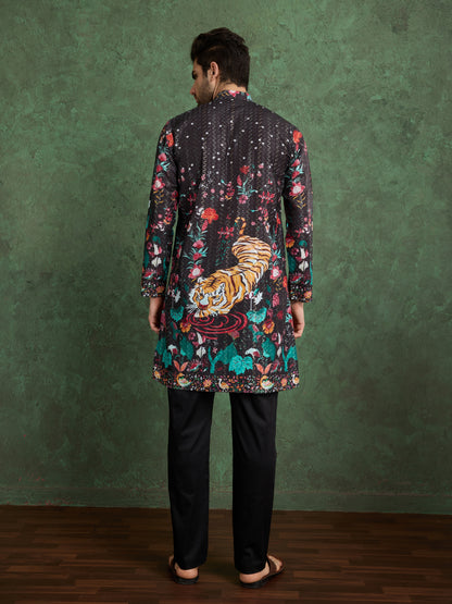 Black Tiger Print Kurta for Men