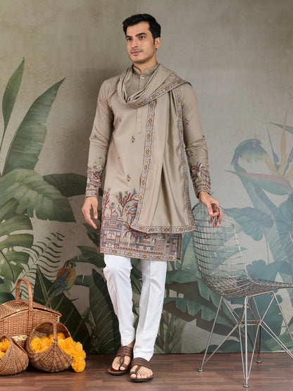 Elegant Beige Embroidered Kurta with Dupatta