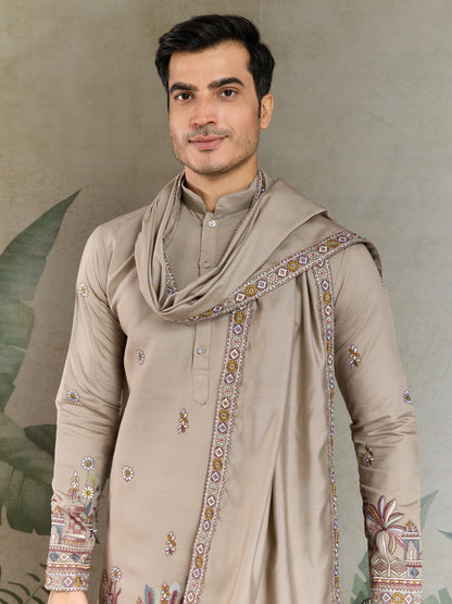 Elegant Beige Embroidered Kurta with Dupatta