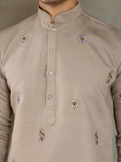 Elegant Beige Embroidered Kurta with Dupatta